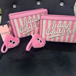 Juicy Couture Pink & Cream Striped Kids Wristlet with Fuzzy Heart Charm